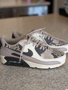 Nike Women’s Air Max 90 Snake-Print Sneakers in Taupe, Black & White